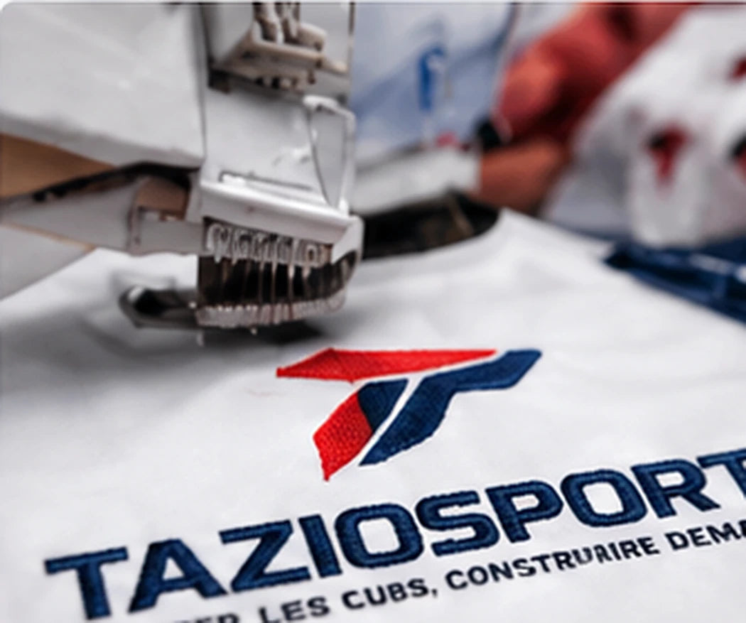 Illustration de broderie du logo TAZIOSPORT sur un textile.