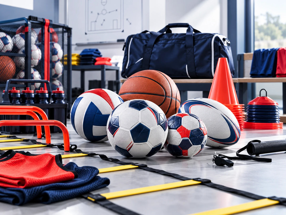 Visuel d'inspiration : ballons de football, handball, basketball, volleyball, rugby et matériel d'entraînement pour clubs