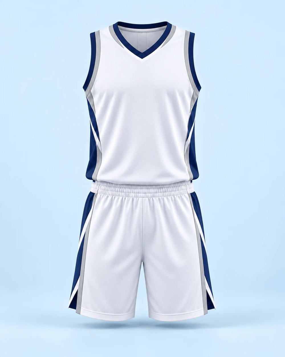 Illustration non contractuelle d’un ensemble de basketball blanc et bleu marine, maillot et short
