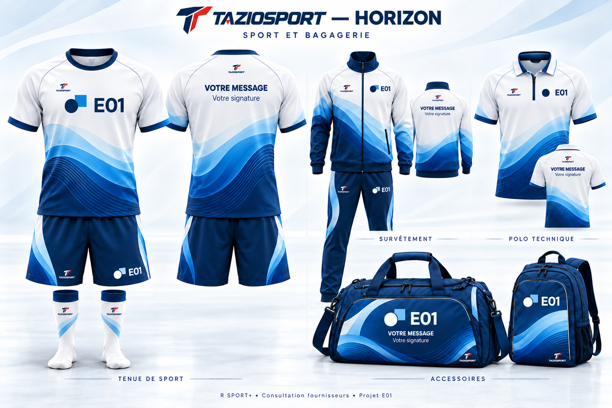 Maquette d’intention Horizon : tenues de sport et bagagerie blanches et bleues avec marquage TAZIOSPORT.