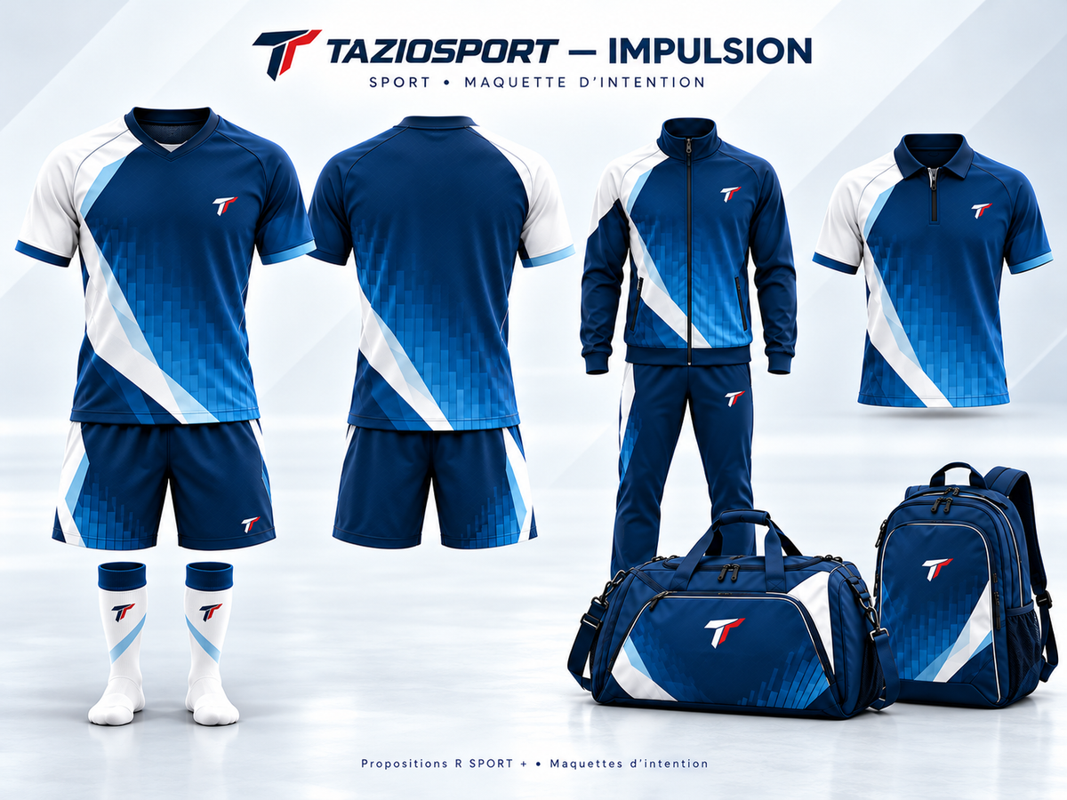 Maquette d’intention TAZIOSPORT Impulsion : tenues de rugby et sports collectifs, polo, survêtement et bagagerie bleu marine, bleu et blanc, sans référence client.