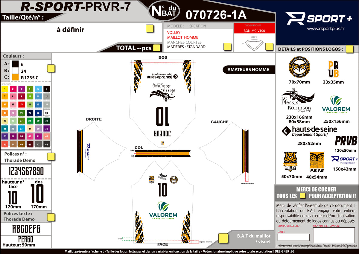 Planche de conception R SPORT + pour un projet de maillot de volley du Plessis-Robinson : faces, dos, couleurs et emplacements des marquages.