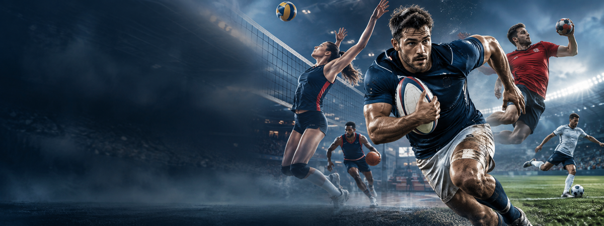 Illustration éditoriale de sports collectifs : rugby au premier plan, volleyball, handball, basketball et football en action.