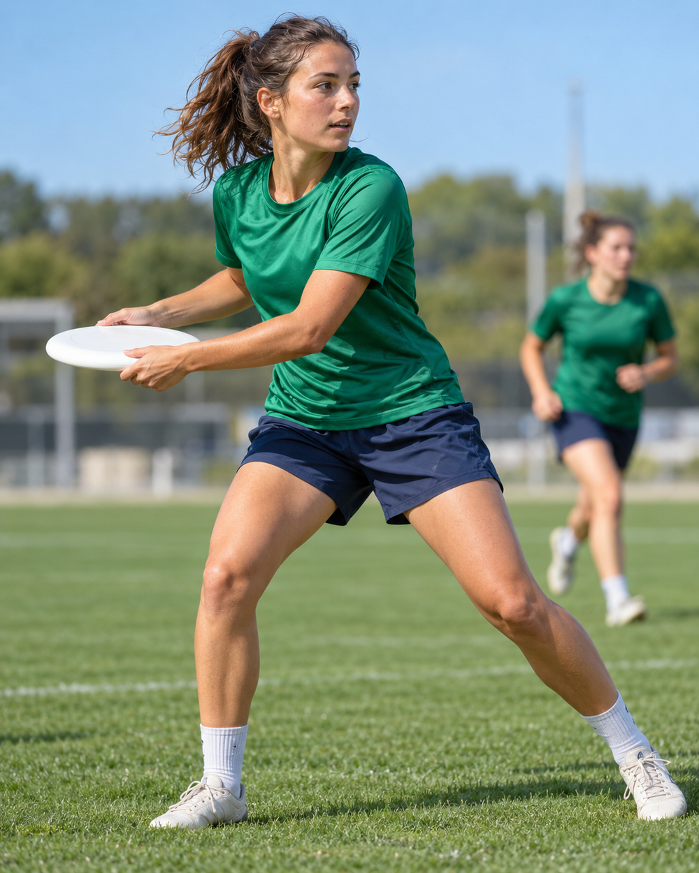 Illustration des autres sports collectifs : une joueuse en tenue verte prépare une passe avec un disque volant.