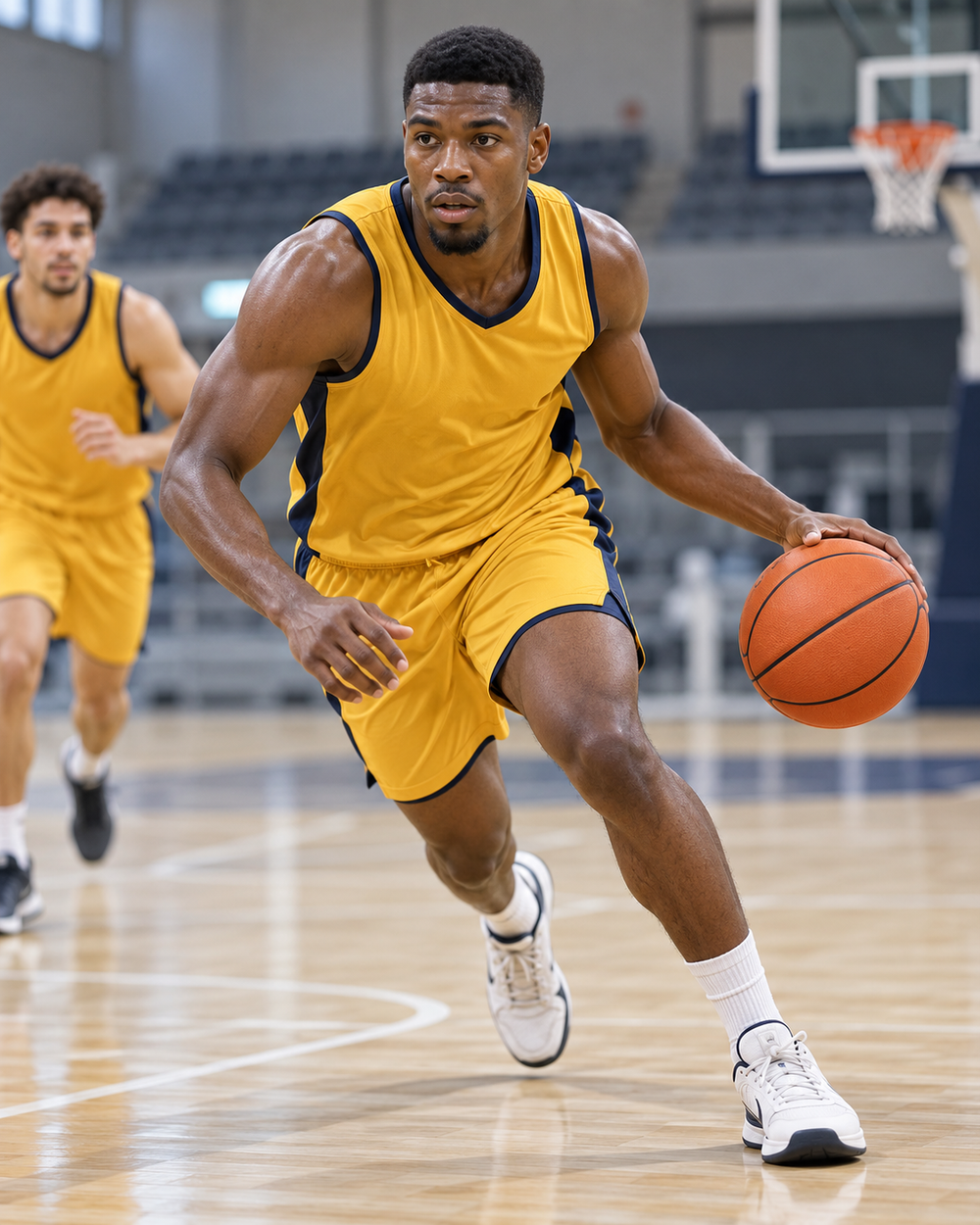 Illustration de basketball : un joueur en tenue jaune progresse en dribblant dans une salle contemporaine.