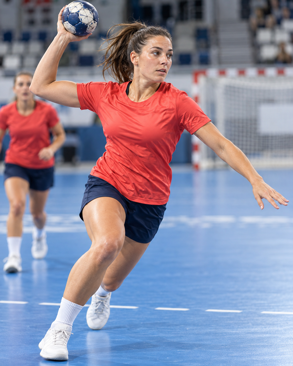 Illustration de handball : une joueuse en tenue corail prépare un tir sur un terrain intérieur bleu.