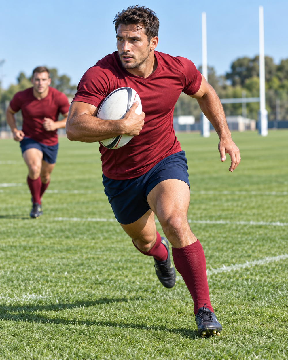 Illustration de rugby : un joueur en tenue bordeaux court avec le ballon sur un terrain ensoleillé.