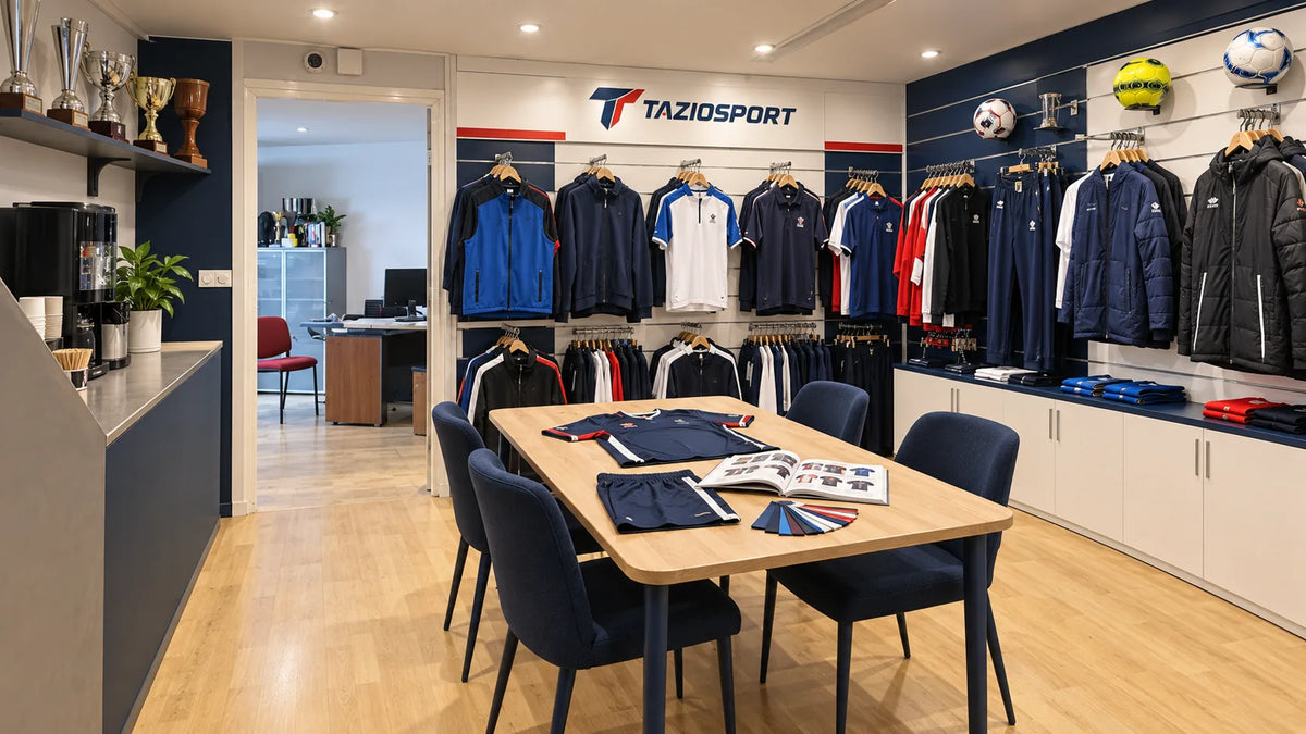 Projection du futur showroom TAZIOSPORT à Taverny, avec table de conseil et présentoirs de vêtements de sport.