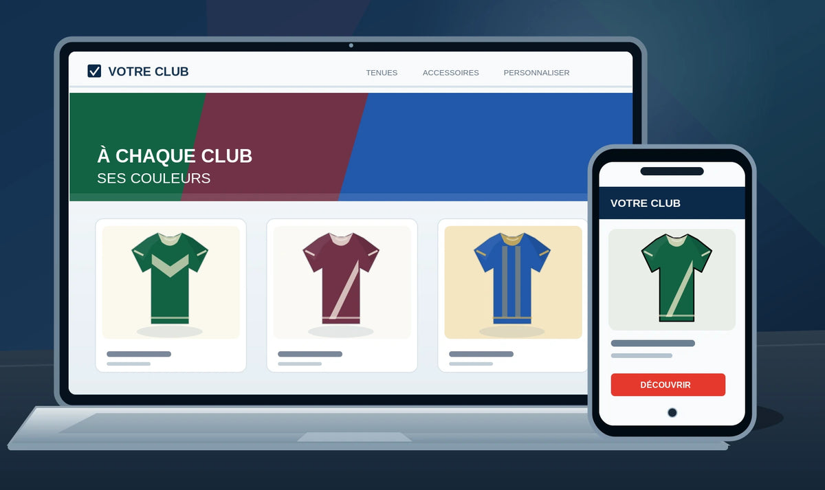Illustration de boutique club sur ordinateur et téléphone, avec trois coloris de tenues