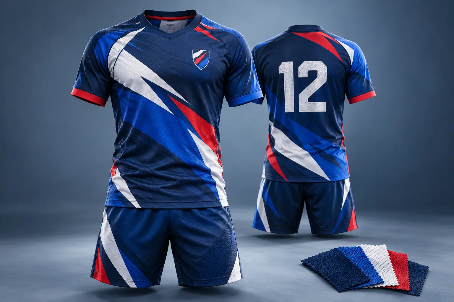 Illustration d’une tenue de sport marine, bleue et vermillon, vue de face et de dos.